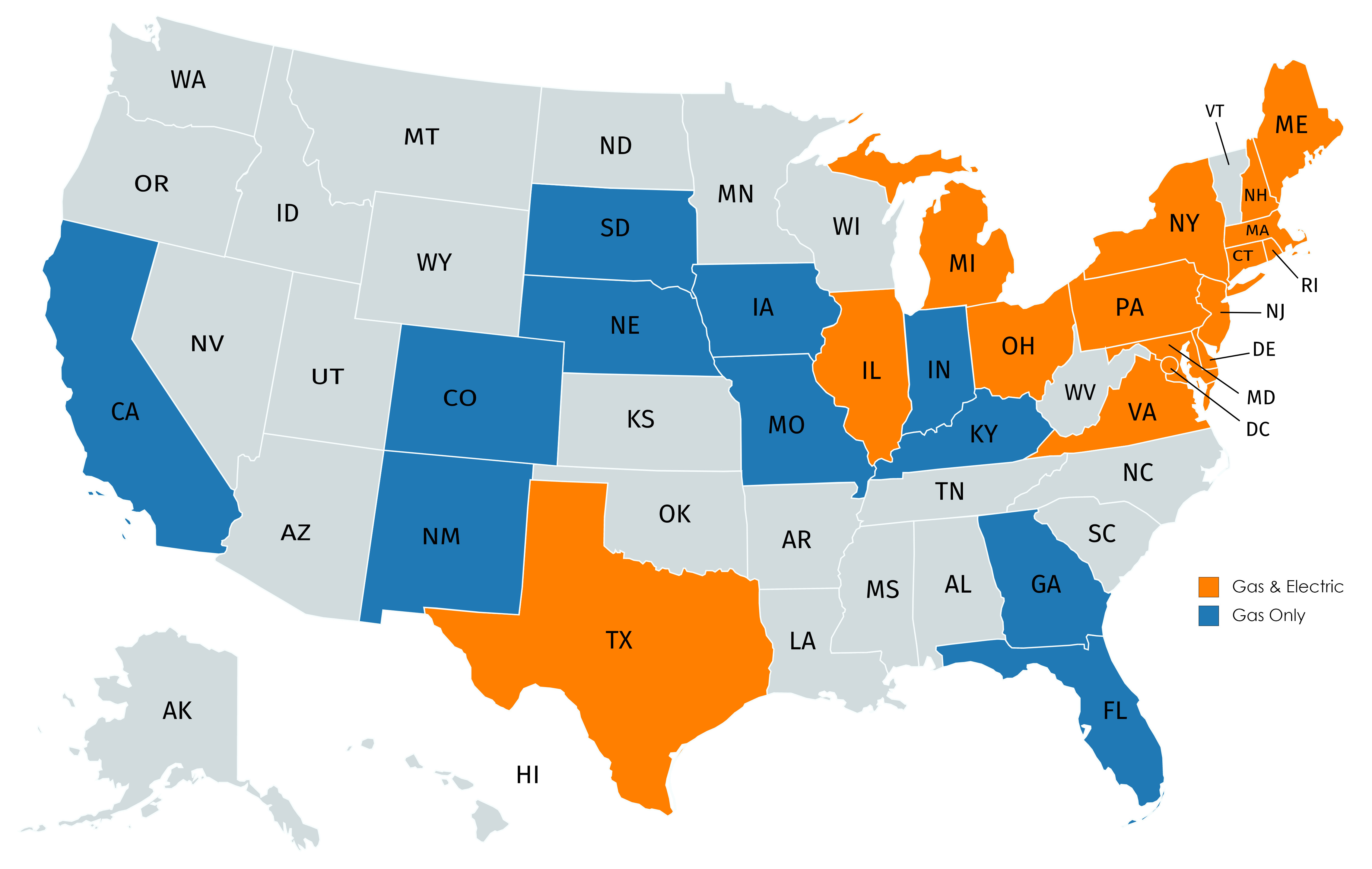 Map of United States showing deregulated states